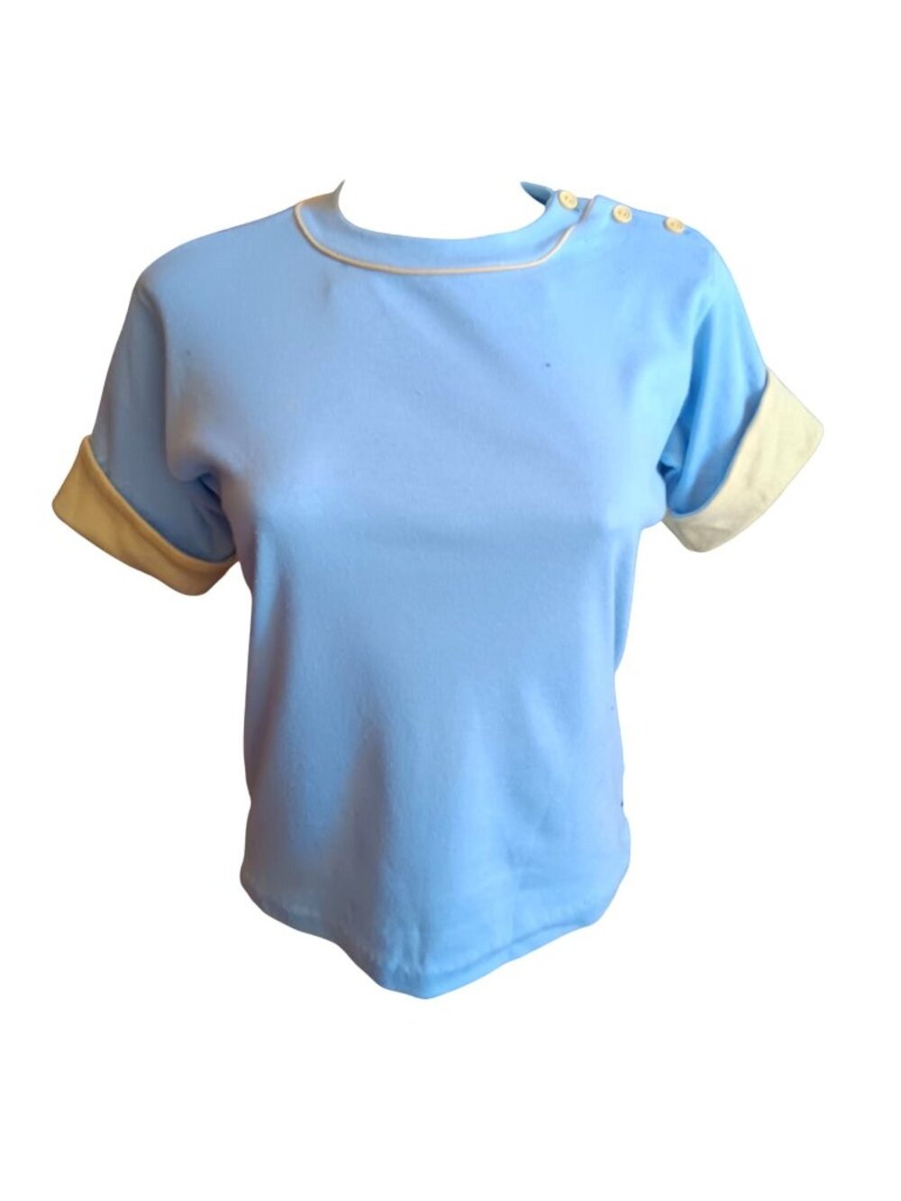 True Vintage Small 80's T-Shirt Button Shoulder Top Cream Rolled Cuffs New Wave